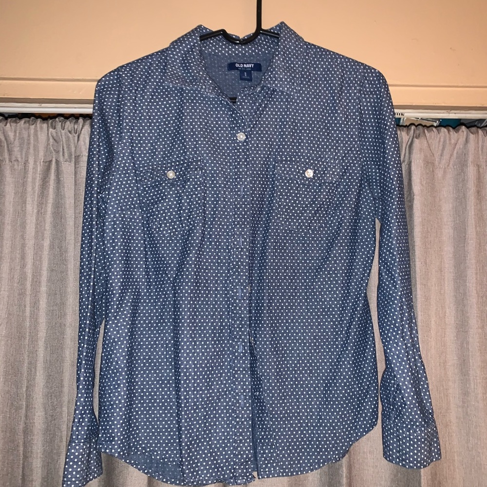 Denim button up with white polka dots